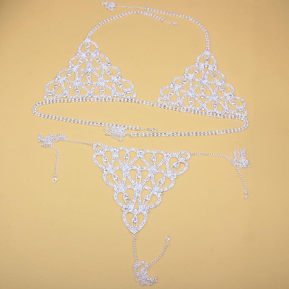 Chain Body Lingerie Set Heart Bling Crystal Bra Thong Jewelry Bikini Underwear - Picture 7 of 7